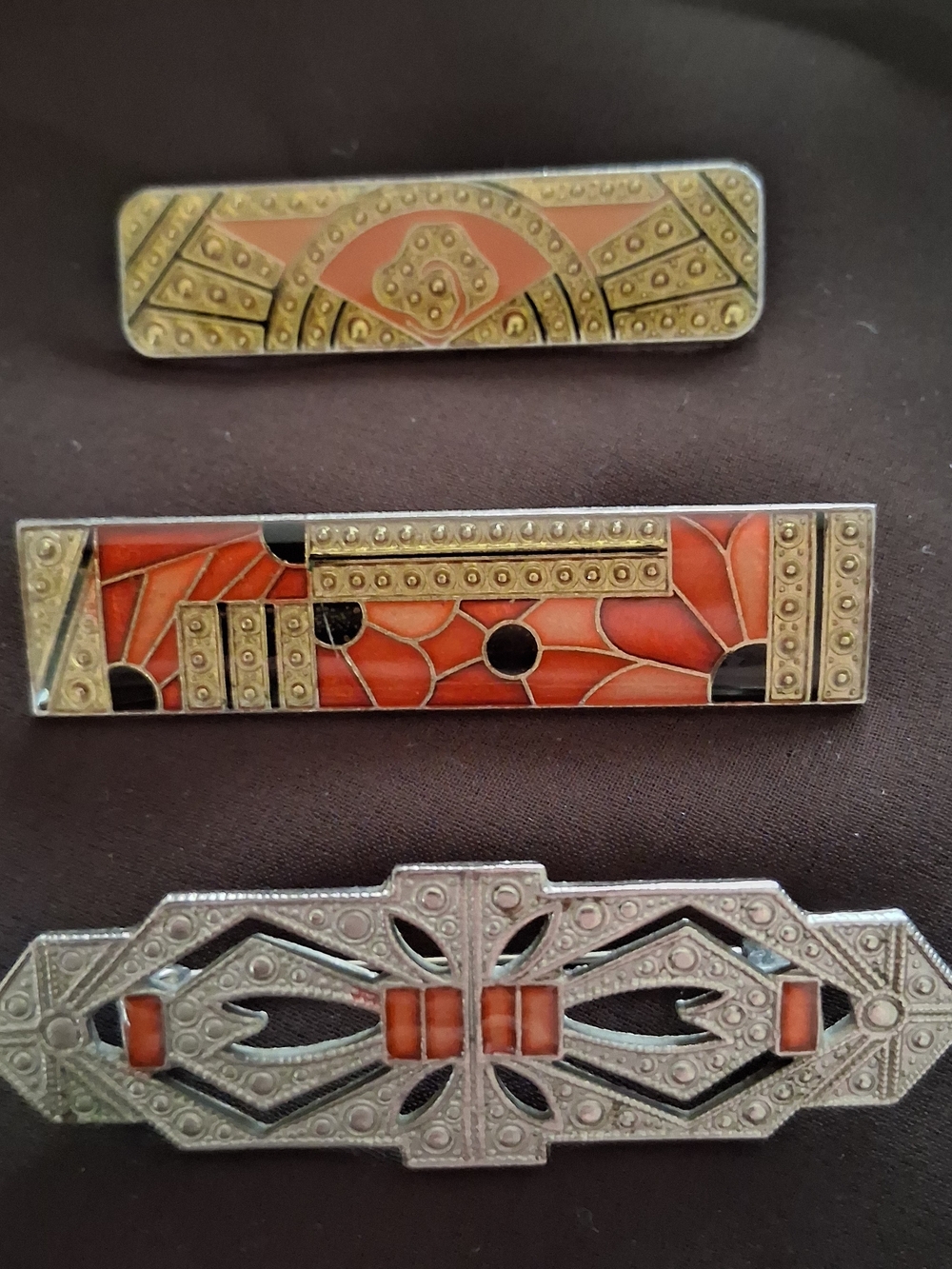 Vintage Art Deco Inspired Silver Tone Enamel Bar Pins - Set of 3